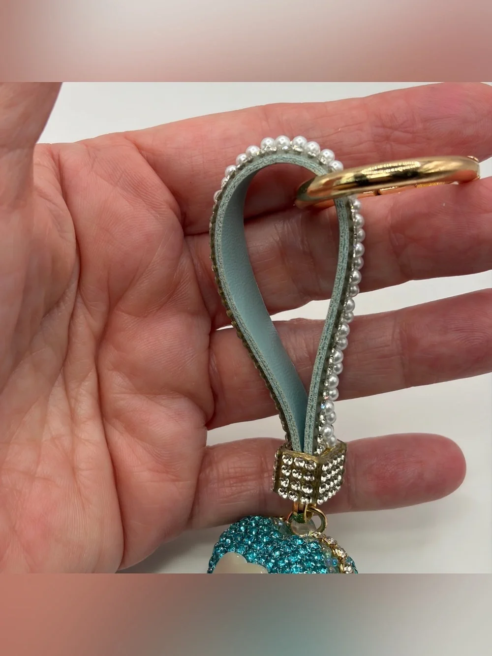 Crystal Strap Keychain with Teal Heart Charm